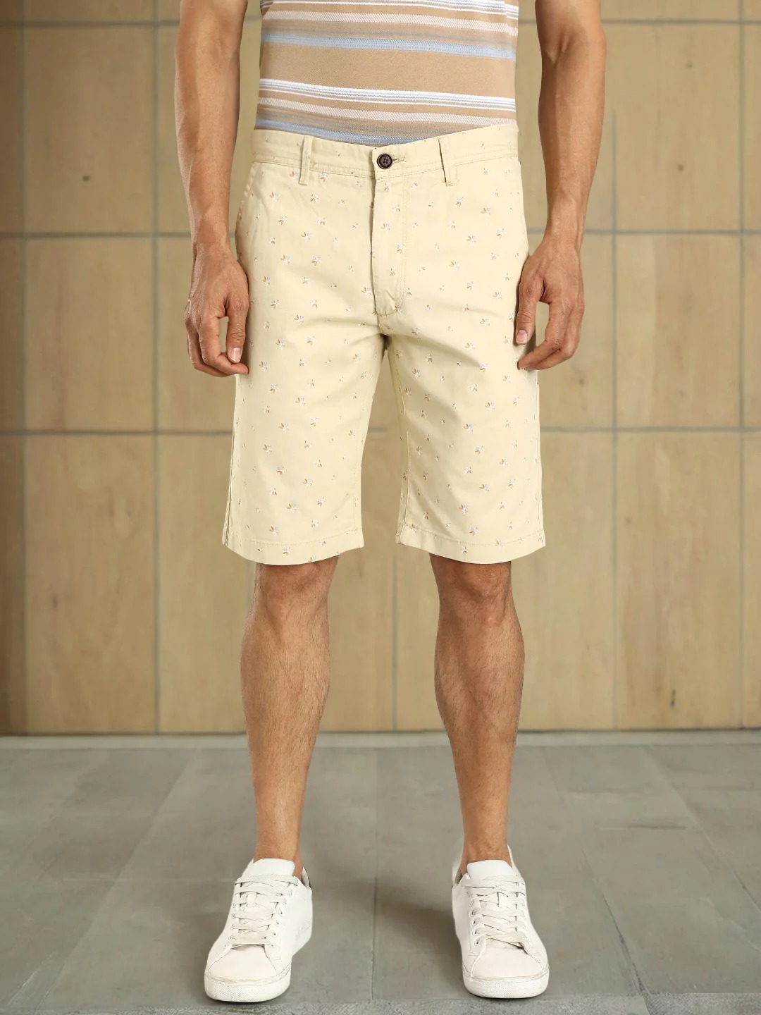 Indian Terrain Men's Slim Fit Printed Beige Shorts